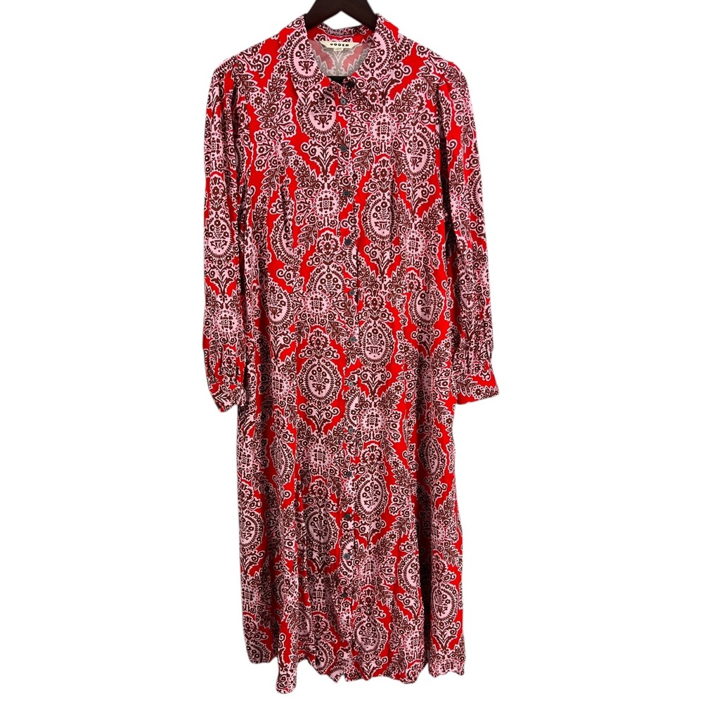Boden Red and White Paisley Shirt Midi Dress